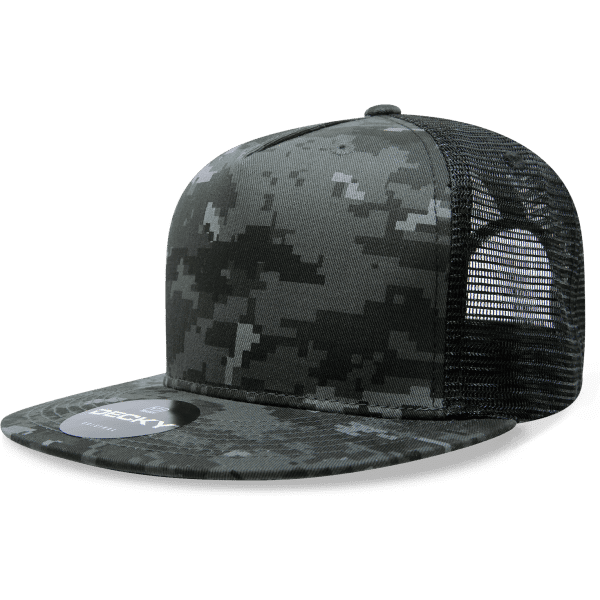 A camouflage 5 panel high profile trucker cap featuring a mesh back and a branded logo.