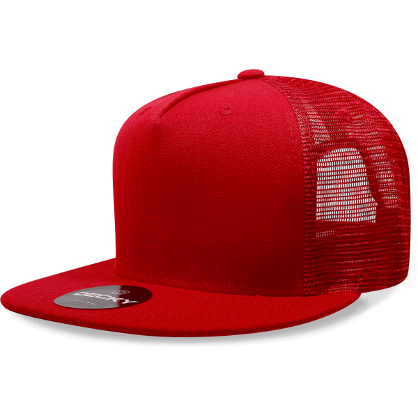 A red 5 panel high profile trucker cap with a mesh back and a flat brim. It features a logo on the front.