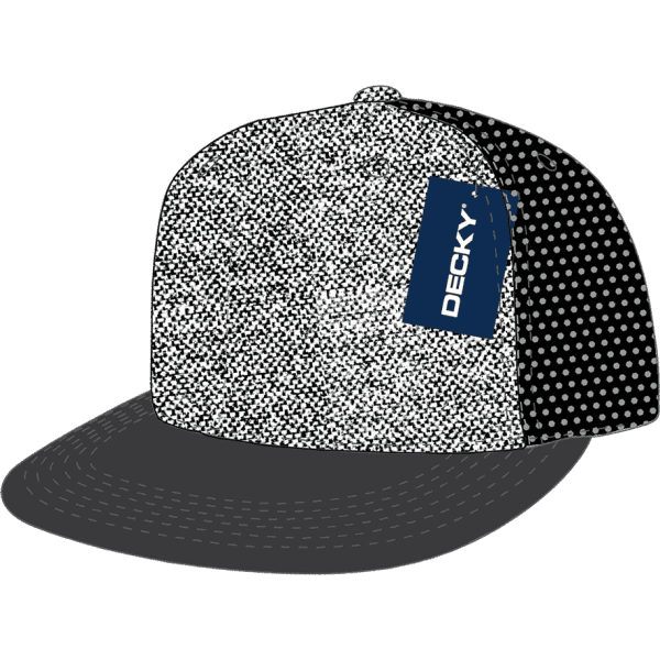 A black and white patterned trucker hat with a logo tag on the side.