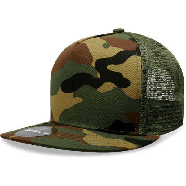 A green camo 5 panel high profile trucker cap with a mesh back and a logo on the front.