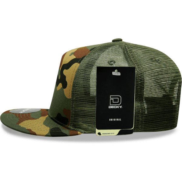 A camo-patterned trucker cap with a high profile and structured design, featuring a mesh back and a logo tag.
