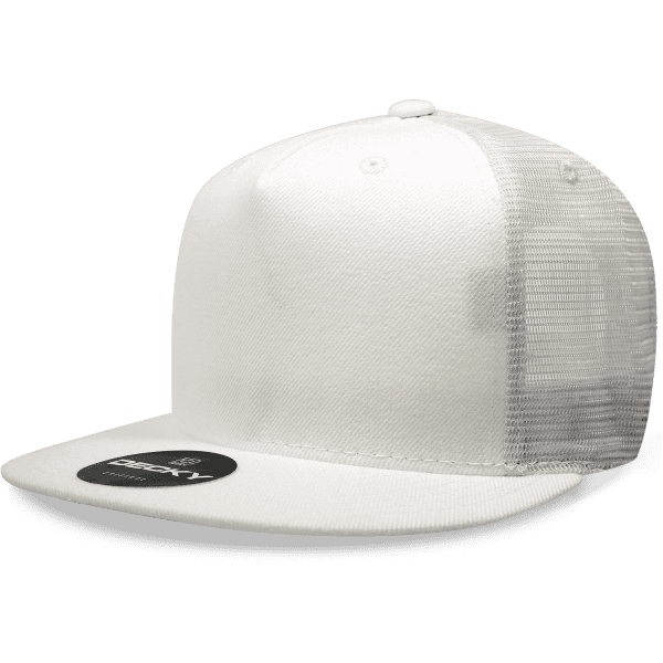 A white 5 Panel High Pro Acry/Poly Trucker cap with a mesh back and a flat brim, featuring a logo.