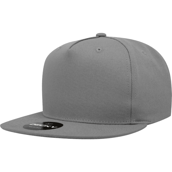A red 5-panel high pro cotton/poly blend snapback cap with a flat brim and a logo on the front.