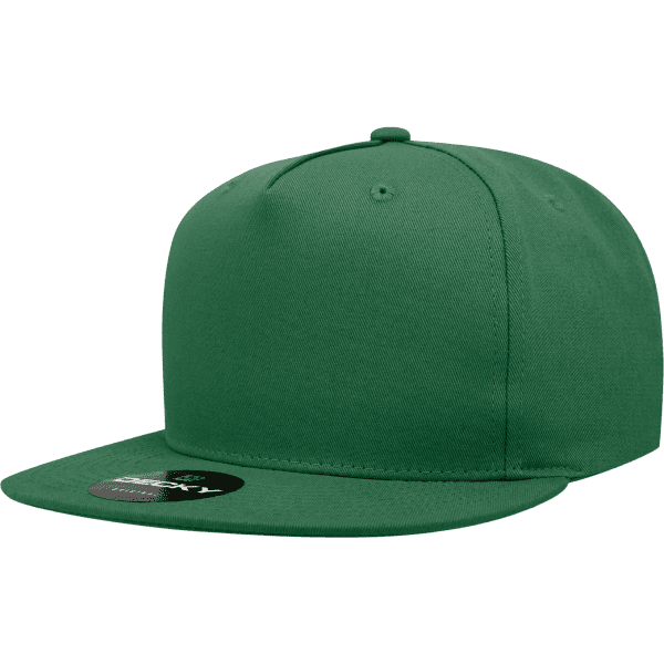 A green 5 panel high profile cotton/poly blend snapback cap with a flat brim and a logo on the side.