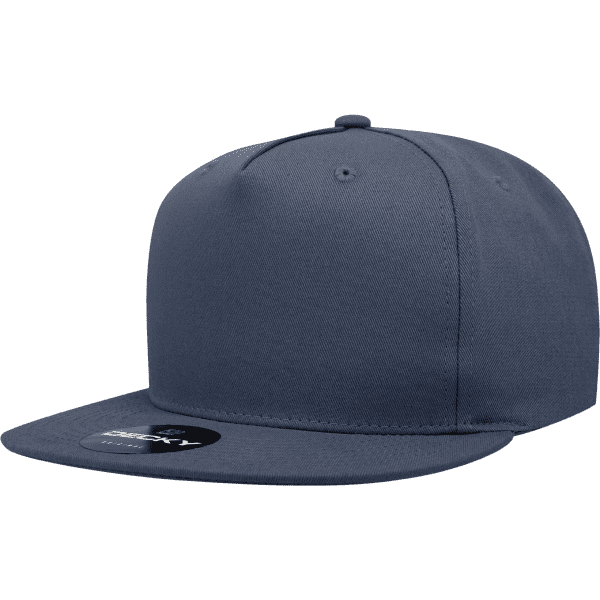 A navy blue 5-panel high pro cotton/poly blend snapback cap with a brand logo on the front.