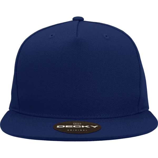 A high-profile structured snapback cap in navy blue with a flat brim and a logo on the front.