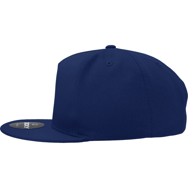 A structured navy blue snapback cap with a five-panel design and a logo on the front.