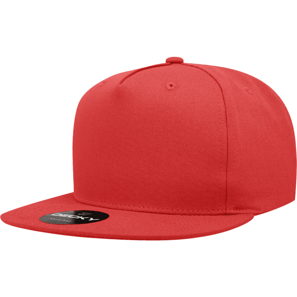 A red 5 panel high pro cotton/poly blend snapback cap with a flat brim and a logo on the front.