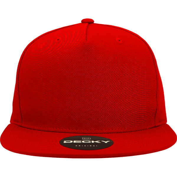 A red 5-panel high profile structured snapback cap with a stitched brim and a logo on the front.