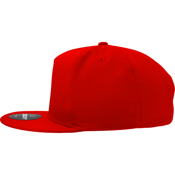 A red high-profile structured snapback cap featuring a flat visor and a branded label.