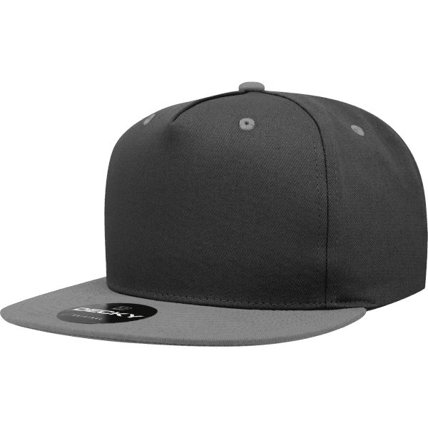 A grey and black 5 panel snapback cap with a branded logo on the front.