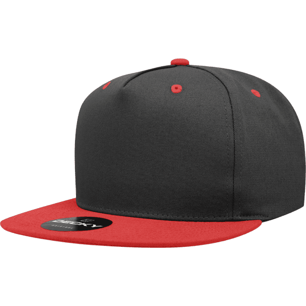 A black and red 5 Panel High Pro Cotton/Poly Blend Snapback cap with a logo on the front.