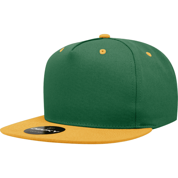 A green and yellow 5 panel high pro cotton/poly blend snapback cap with a logo on the front.