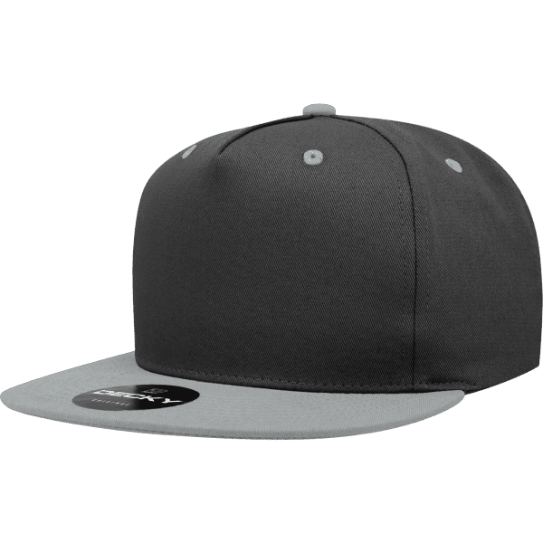 A grey and black 5 Panel High Pro Cotton/Poly Blend Snapback cap, featuring a logo on the front.