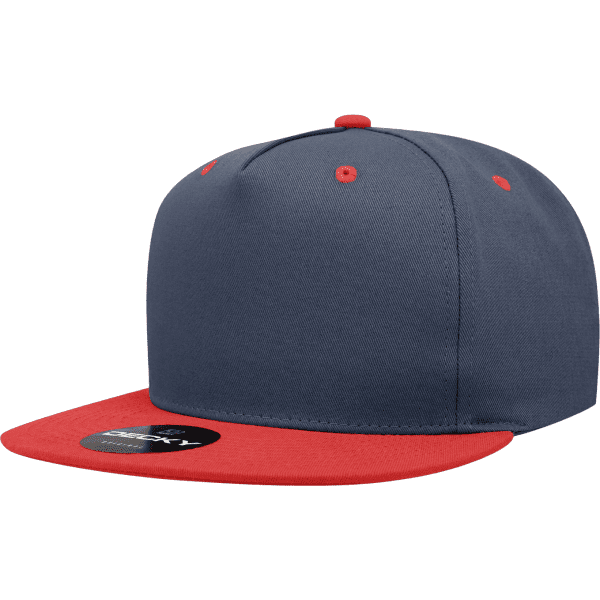 A navy blue snapback cap with a red visor and red accents. It features a logo on the front.