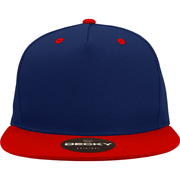 A structured snapback cap in navy blue with a red brim and contrasting eyelets, featuring a logo on the front.