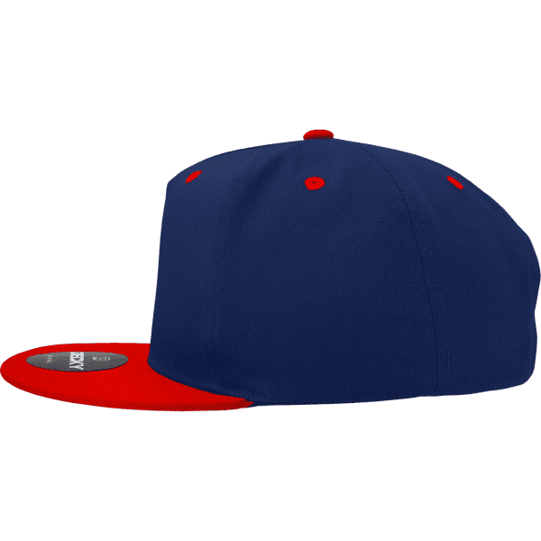 A high-profile structured snapback in navy blue with a red peak and red detailing, featuring a logo.
