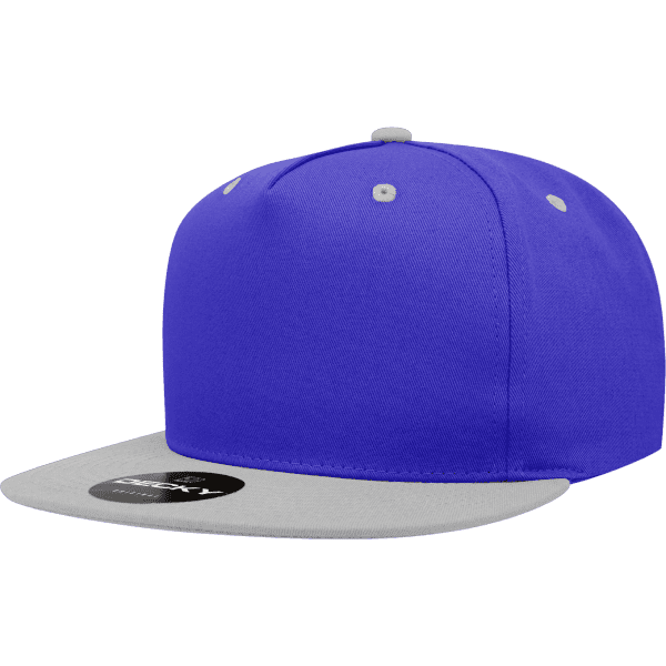 A blue snapback cap with a grey flat brim, featuring a logo on the front.