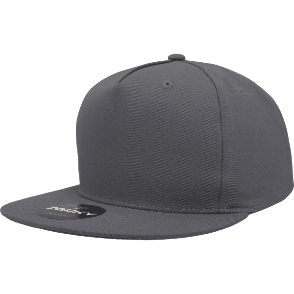 A grey 5-panel snapback cap with a flat peak and a logo on the front.