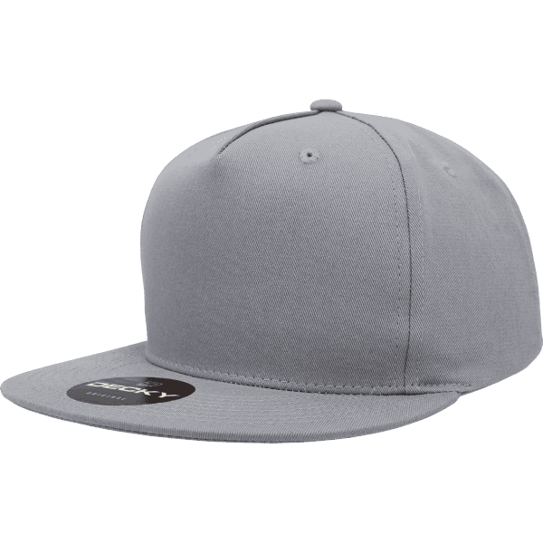 A grey 5 panel high pro cotton/poly blend snapback cap with a flat brim and a logo on the front.