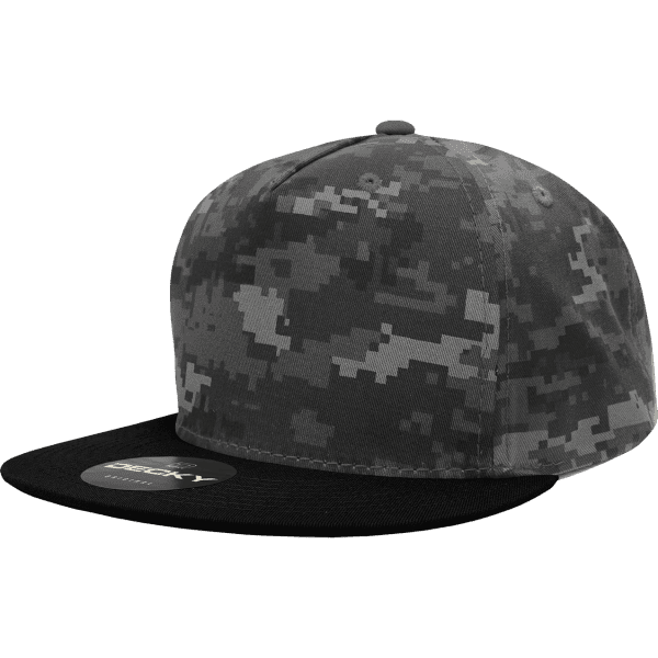 A grey camouflage snapback cap with a black brim and a logo on the front.