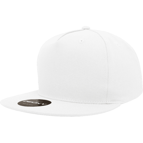 A white 5 panel high pro cotton/poly blend snapback cap with a straight brim and a logo on the front.
