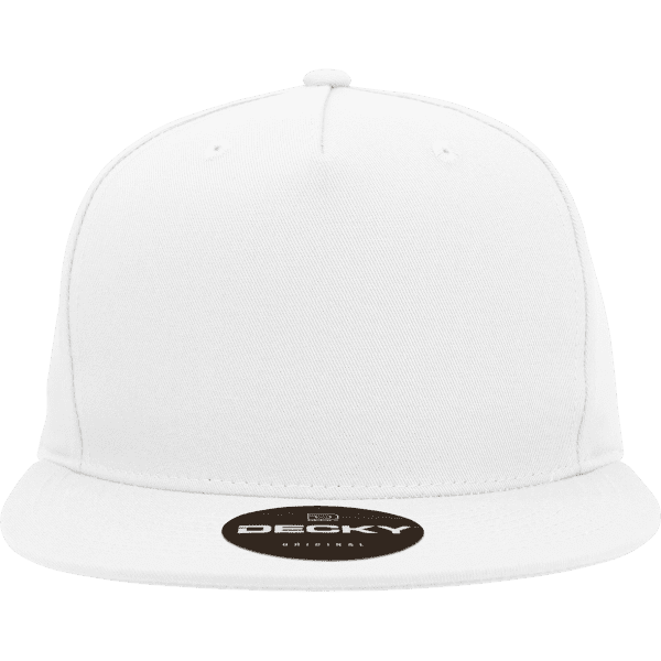 A white 5 panel high profile structured snapback cap with a branded logo on the visor.