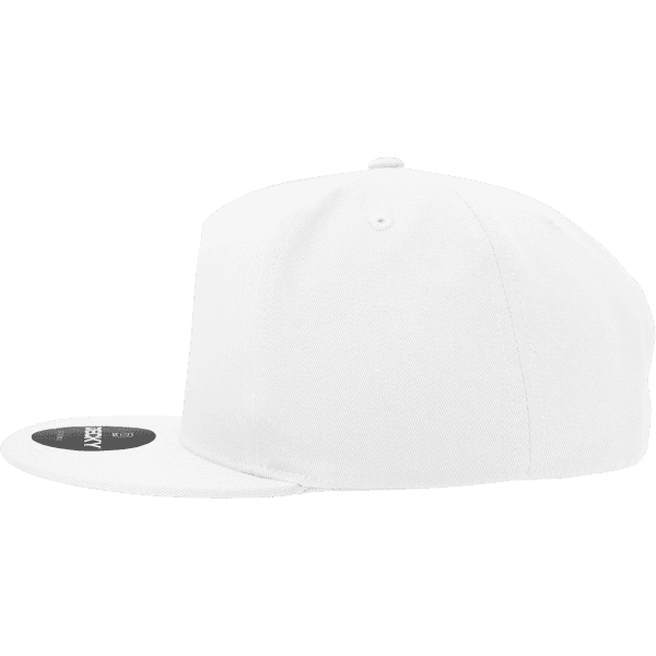 A white 5 panel high profile structured snapback cap featuring a flat brim and a logo on the side.