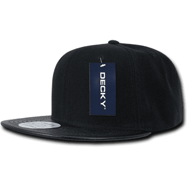 A black high-profile structured snapback cap with a flat brim and a tag attached.