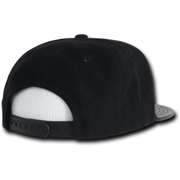 A black and white 6 Panel High Profile Structured Snapback hat with a structured design and adjustable snapback closure.
