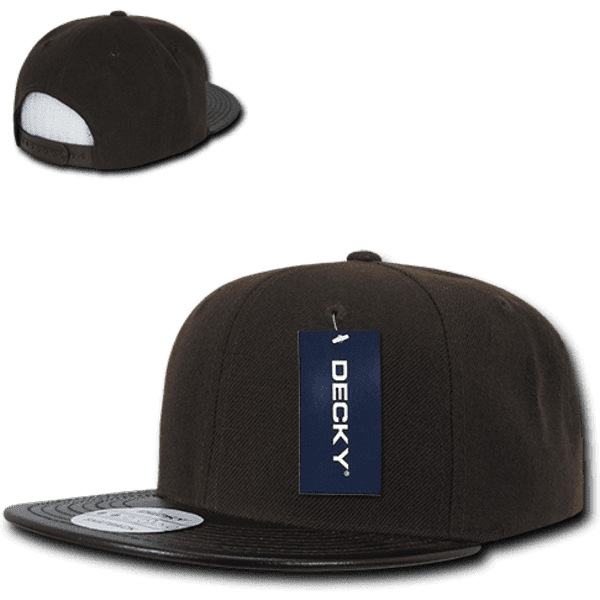 A black 6-panel high-profile structured snapback cap with a branded tag. Features a flat brim and rear adjustment.