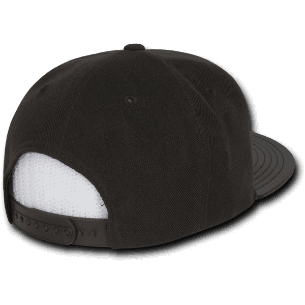 A black 6-panel high profile structured snapback cap with a mesh back and an adjustable strap.