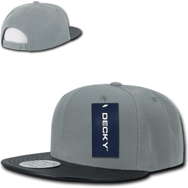 A grey high profile structured snapback cap with a black brim and a logo. It features a tag attached.