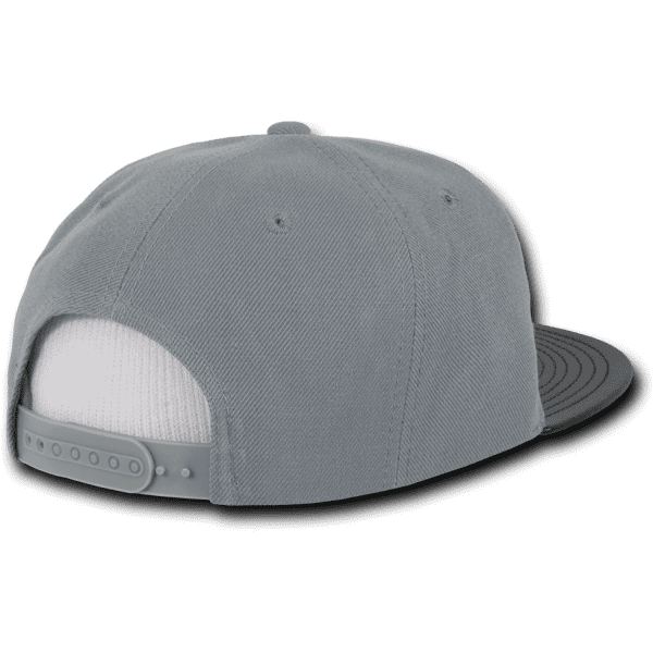 A grey high profile structured snapback cap featuring a plastic adjustable strap and a white mesh back.