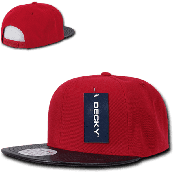 A red high profile structured snapback cap with a black visor and a logo patch attached.