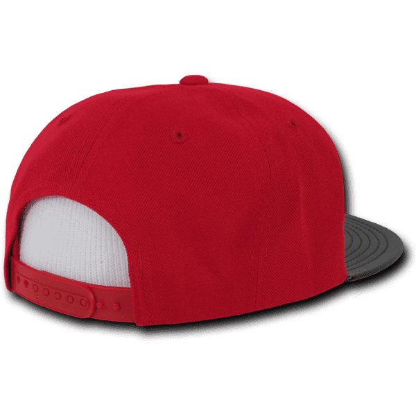 A red and black high-profile structured snapback cap with a white mesh back and an adjustable snap closure.