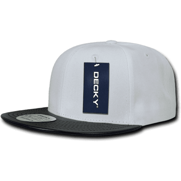 A structured white snapback cap with a black brim and a logo tag attached.