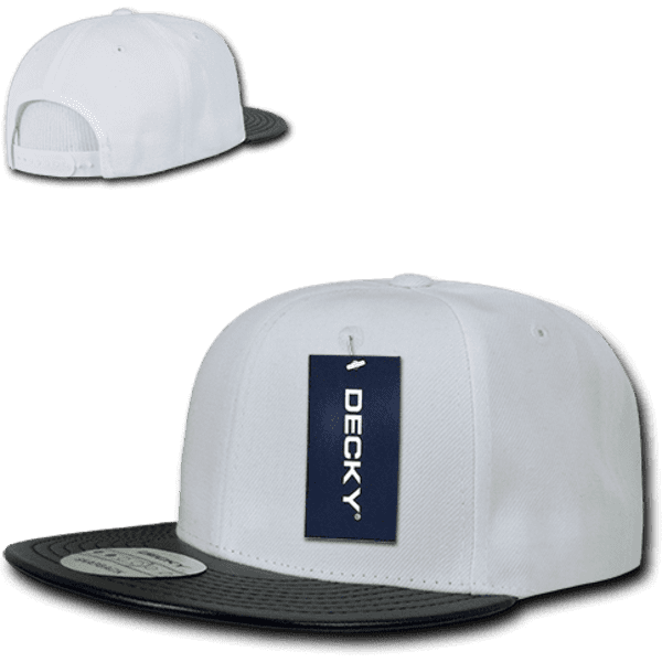 A white structured snapback cap with a black brim and a logo tag attached.