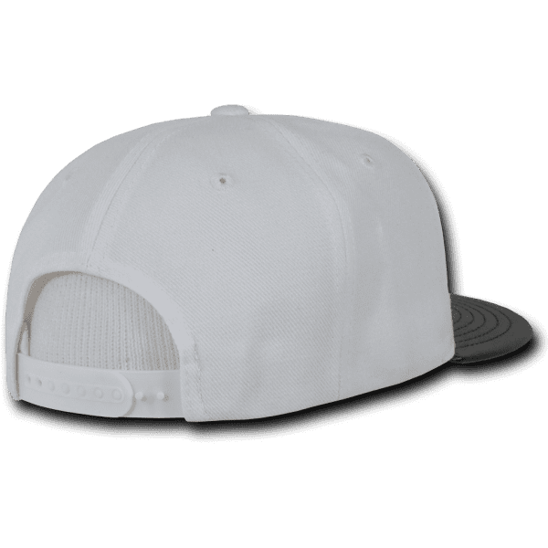 A white 6 panel high profile structured snapback cap featuring a black underside and an adjustable snapback closure.