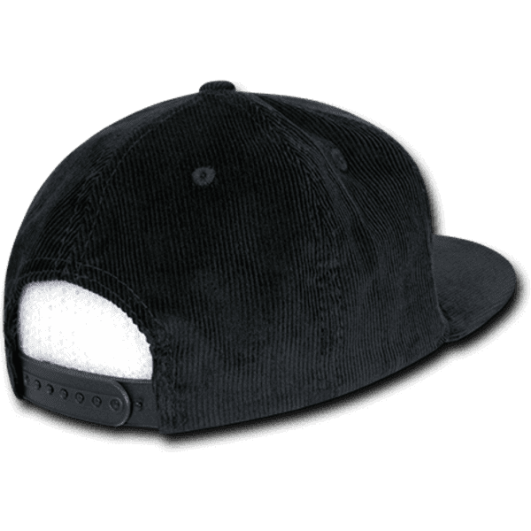 A black corduroy snapback cap featuring a structured high profile design and an adjustable strap at the back.