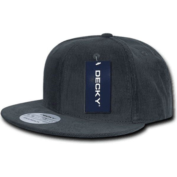 A dark grey corduroy snapback cap with a flat brim and a logo tag.