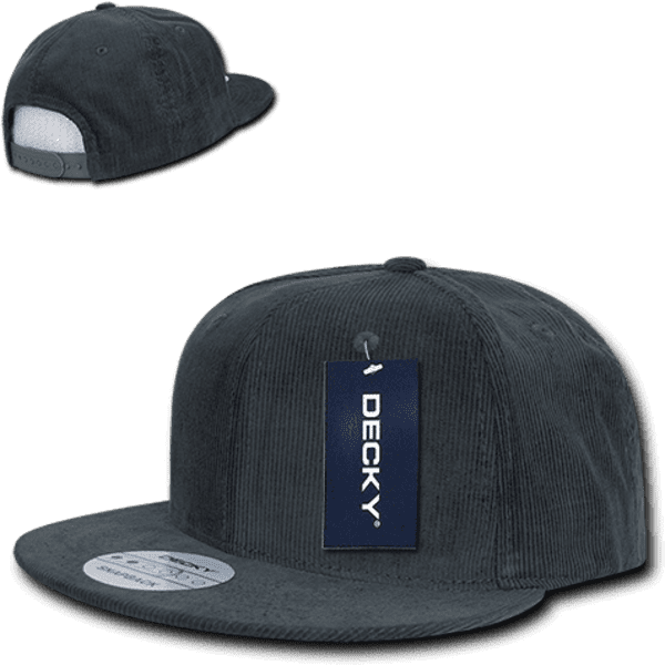 A structured six-panel snapback cap in charcoal with a tag and a logo on the side.