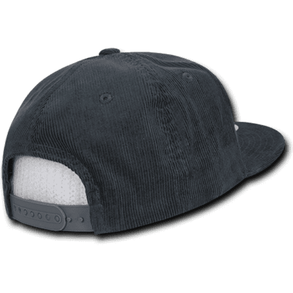 A dark grey 6 panel high profile structured snapback with a textured corduroy finish and an adjustable strap.