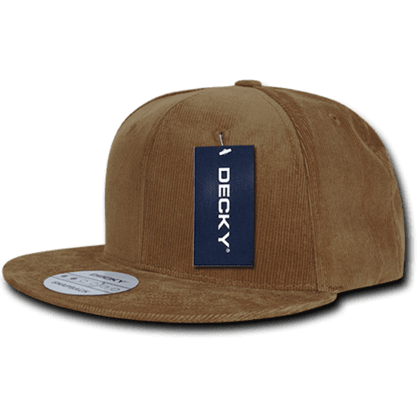 A brown corduroy snapback cap with a flat brim and a brand tag attached.