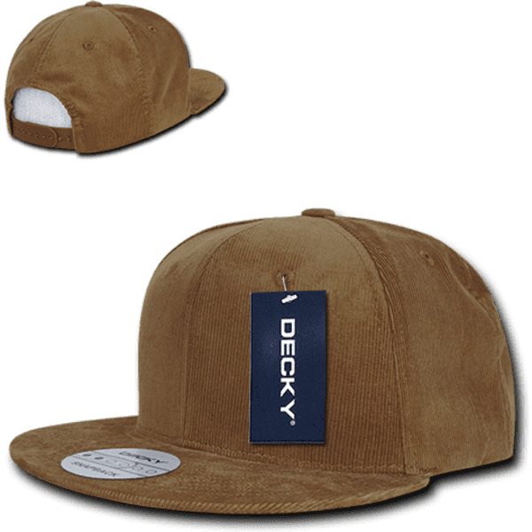 A high-profile structured snapback cap in brown, featuring a logo and a flat brim. The back shows an adjustable strap.