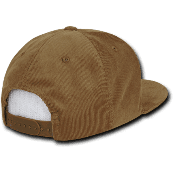 A brown corduroy snapback cap featuring a structured high profile and a branded logo on the back.