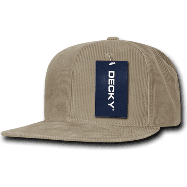 A beige corduroy snapback cap featuring a flat brim and a tag. It includes a logo on the front.