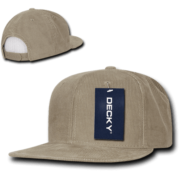 A high profile structured snapback cap in light beige, featuring a tag and a logo. The cap has a corduroy texture.