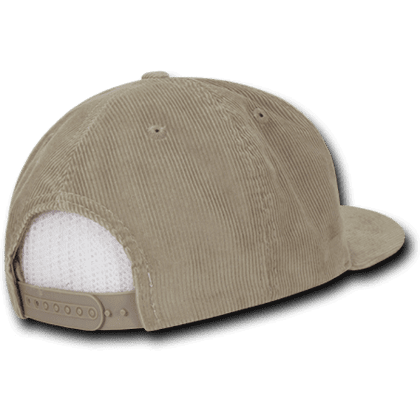 A high-profile structured snapback cap in khaki with a textured corduroy finish and an adjustable strap at the back.