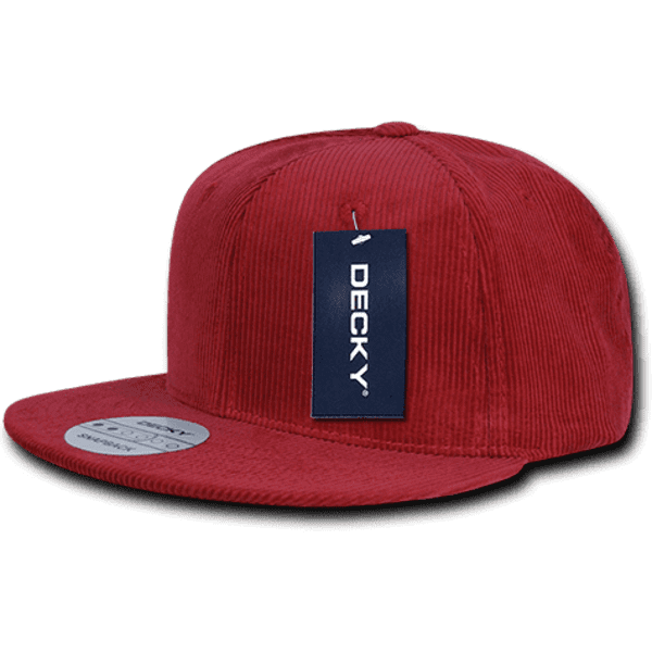 A red corduroy cap featuring a flat brim and a logo tag on the side.